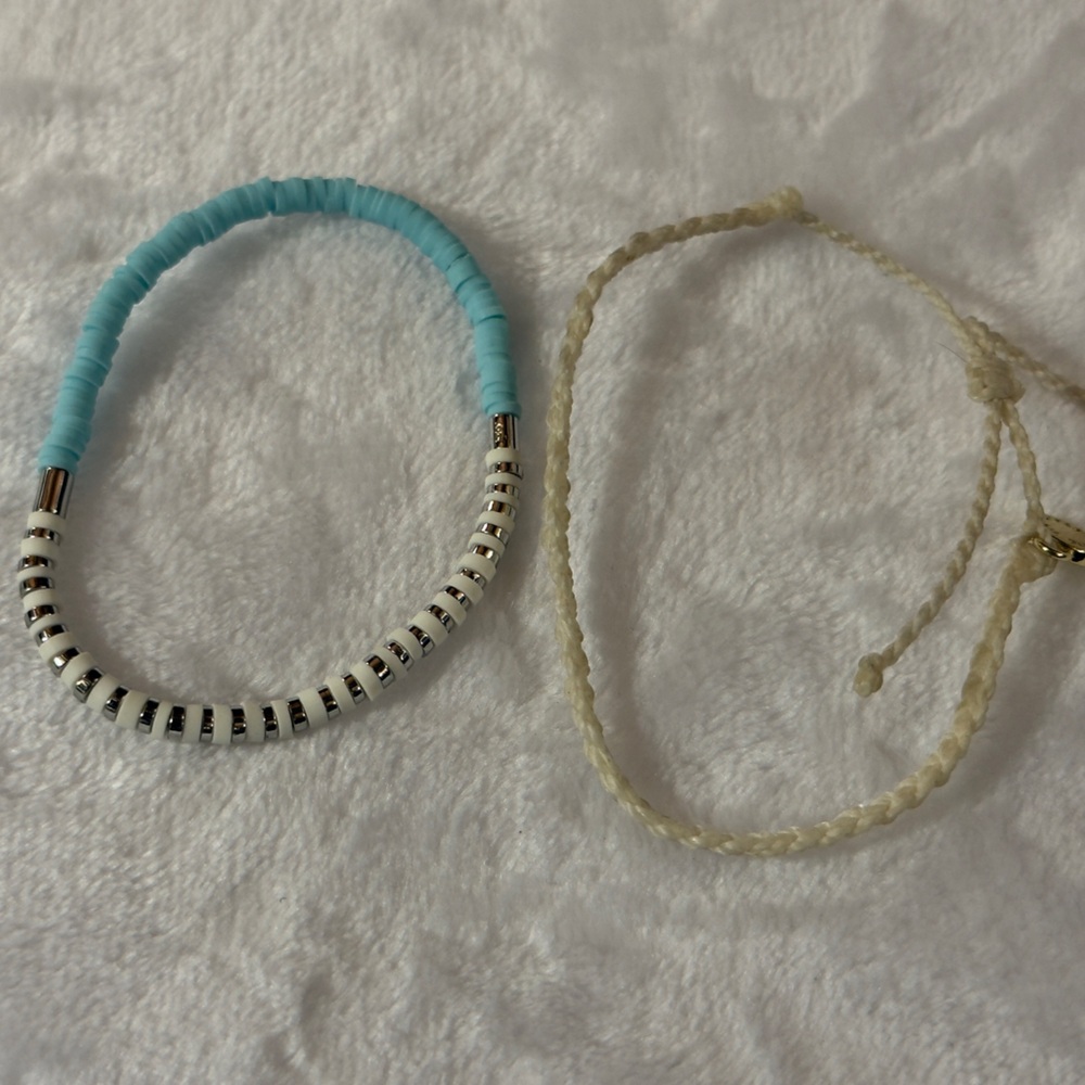 Set of 2 Pura Vida Bracelets: Cream Braid Adjustable, Teal & White Stretch -NWOT